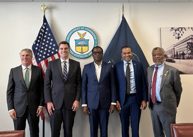 Photo featuring Under Secretary William Kimmitt, Assistant Secretary David Fogel and members of a Guyanese delegation led by Foreign Minister Hugh Todd.