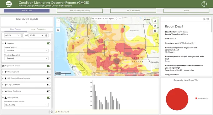 CMOR app showing the location of the report in northwestern North Dakota, at the eastern Montana border.