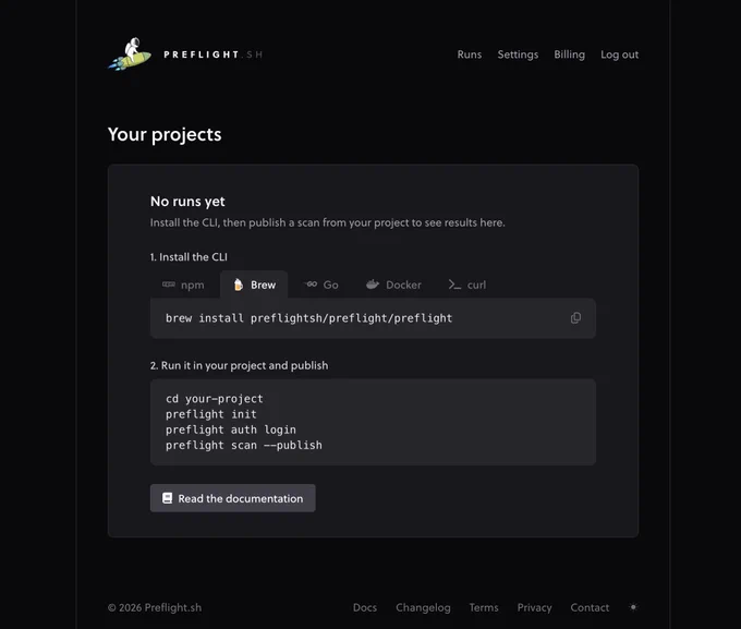 Preflight.sh dashboard CLI installation instructions.