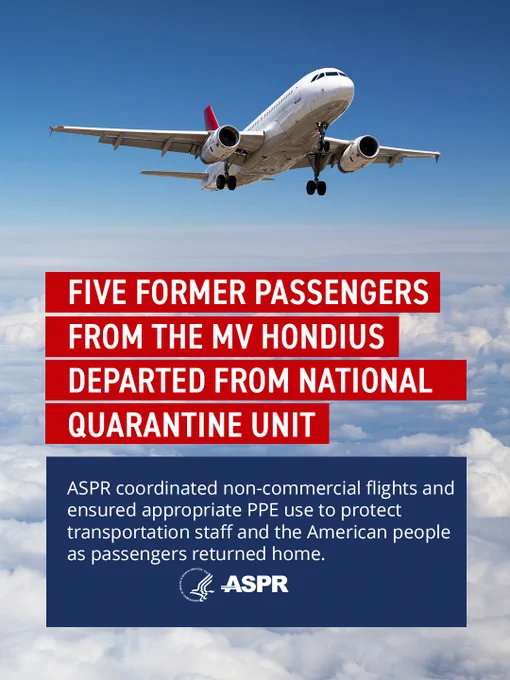 Five former passengers from the MV Hondius Departed from the National Quarantine Unit. ASPR coordinated non-commercial flights and ensured appropriate PPE use to protect transportation staff and the American people as passengers returned home. 