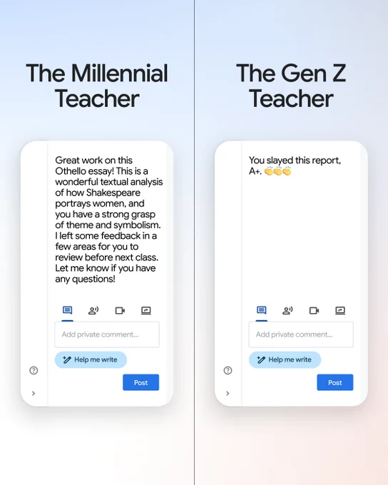 "The Millennial Teacher" and "The Gen Z Teacher." Both sides show a mock-up of an online grading platform's private comment box.

On the left, "The Millennial Teacher" writes a thorough, encouraging paragraph: "Great work on this Othello essay! This is a wonderful textual analysis of how Shakespeare portrays women, and you have a strong grasp of theme and symbolism. I left some feedback in a few areas for you to review before next class. Let me know if you have any questions!"

On the right, "The Gen Z Teacher" writes a brief, slang-filled comment: "You slayed this report, A . 👏👏👏"