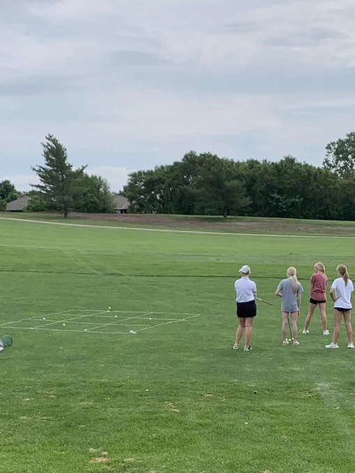 Four individuals are on a green field, wearing caps and sneakers. They stand near a circular pattern with scattered golf balls. Trees and houses are in the background.