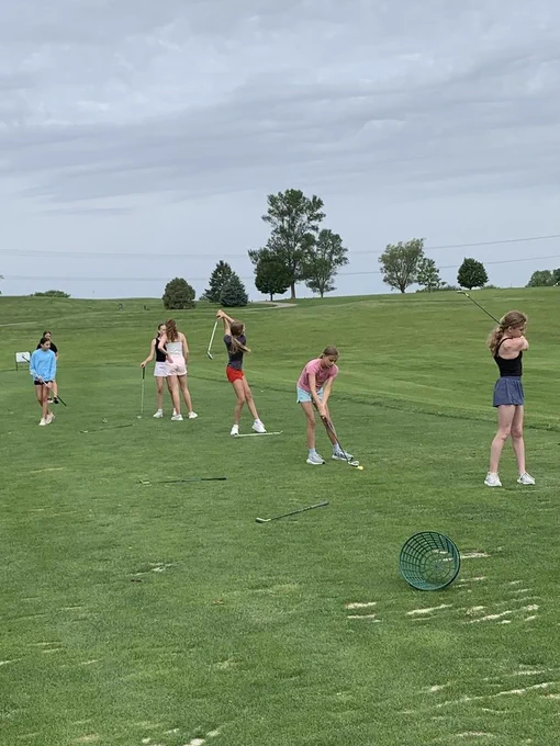 A group of individuals play golf on a grassy field with trees in the distance.