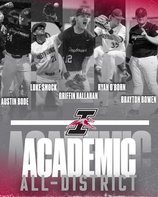A graphic promoting UIndy Baseball's Academic All-District honorees Austin Bode, Luke Smock, Griffin Hallahan, Ryan O'Born and Brayton Bowen.