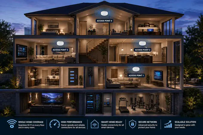 Multi‑story home Wi‑Fi layout with multiple access points, illustrating strategic placement for full coverage, strong signal, and reliable connectivity.