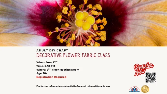Please join us for a fun DIY Decorative Flower Fabric class on June 17th at 5:30PM at the Mounce Library. Participants will be creating decorative towels using the Flower Pounding technique. Ages 18 .