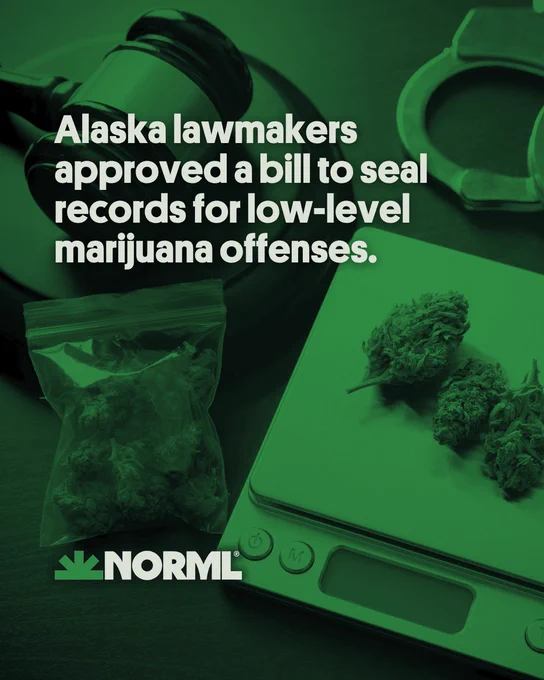Headline reads, "Alaska lawmakers approved a bill to seal records for low-level marijuana offenses." Image shows a judge's gavel, handcuffs, a bag of cannabis flower, and cannabis buds on a digital scale.