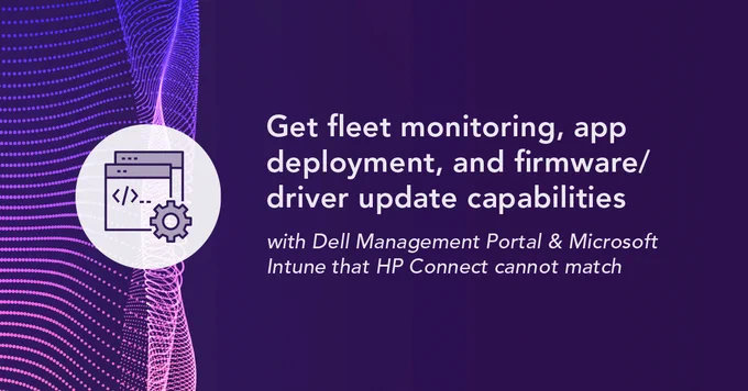 Purple background with digital wave patterns and text promoting Dell Management Portal and Microsoft Intune for fleet monitoring and app deployment.