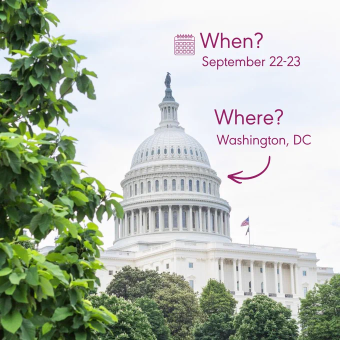 when. september 22 to 23. where. washington dc. an image of the united states capitol building is shown, surrounded by trees. a united states flag flies on the capitol building.