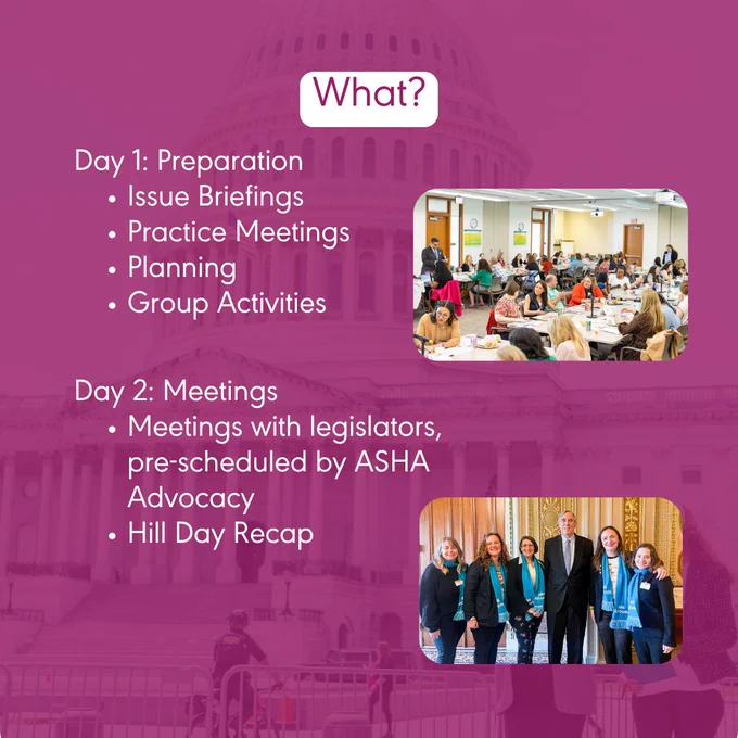 what. day one preparation. issue briefings practice meetings planning group activities. day two meetings. meetings with legislators pre scheduled by asha advocacy. hill day recap. groups of individuals gathered in an office, seated at desks and speaking to one another, is shown. a group of smiling women wearing scarves stand next to an elected official.