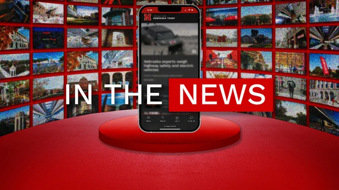 "In the News" in front of a smartphone, with about 40 images of the University of Nebraska–Lincoln's campuses behind.