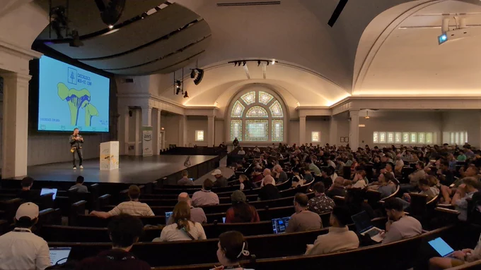 CascadiaJS audience in the Town Hall building 