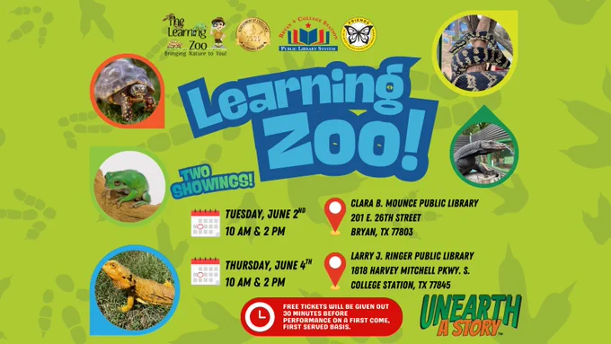 You've got another chance to meet some reptiles
and amphibians with the Learning Zoo! Learning Zoo
will be at Ringer (College Station) on Thursday, June 4.
There will be a show at 10 AM and 2 PM.