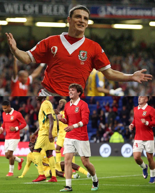 Jason Koumas and Lewis Koumas celebrate scoring for Cymru. 