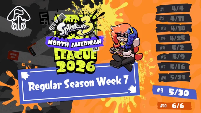 Article header with the Splatoon 3 North American League 2026 logo in the center, with text reading, "Regular Season Week 7". A list of dates on the right marks every Saturday between April 4 and June 6, 2026.