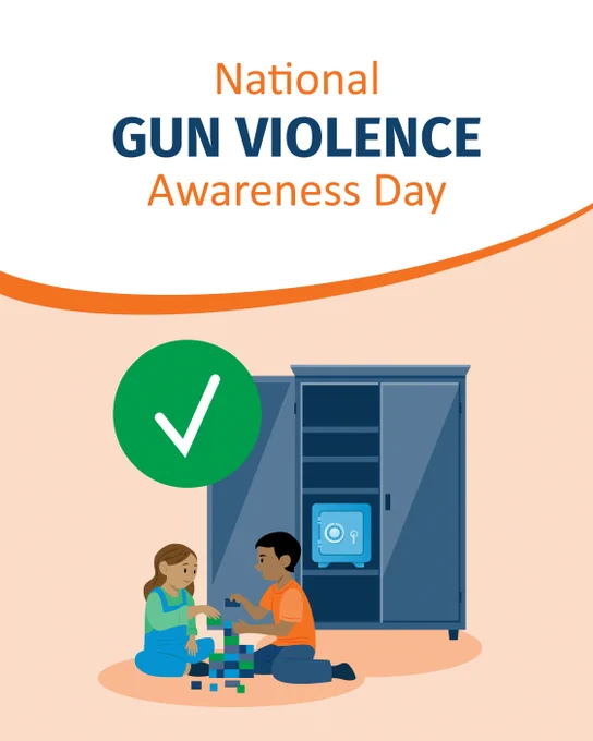 A poster for National Gun Violence Awareness Day featuring two individuals sitting on the floor, playing with blocks. Behind them, an open cabinet displays a secured safe. A large green checkmark is prominent above them.
