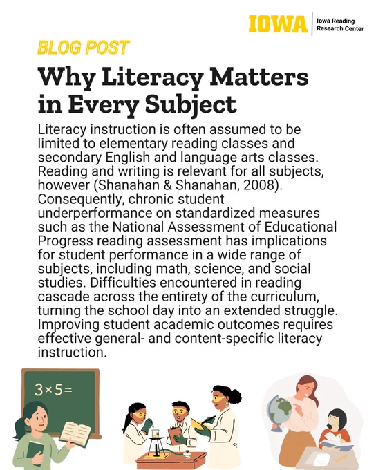 Blog Post
Why Literacy Matters in Every Subject
Literacy instruction is often assumed to be limited to elementary reading classes and secondary English and language arts classes. Reading and writing is relevant for all subjects, however (Shanahan & Shanahan, 2008). Consequently, chronic student underperformance on standardized measures such as the National Assessment of Educational Progress reading assessment has implications for student performance in a wide range of subjects, including math, science, and social studies. Difficulties encountered in reading cascade across the entirety of the curriculum, turning the school day into an extended struggle. Improving student academic outcomes requires effective general- and content-specific literacy instruction.