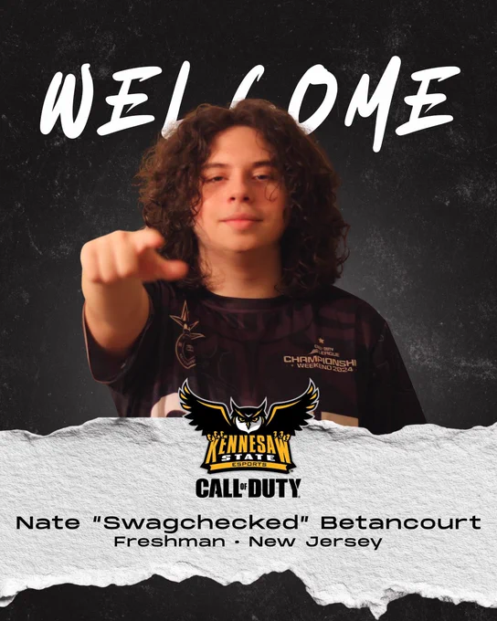 A person with long curly hair points toward the camera in front of a dark background with the word “WELCOME” in large white letters. They wear a jersey labeled “CHAMPIONSHIP WEEKEND 2024.” Below them is the Kennesaw State Esports owl and Call of Duty logo. Below it is text identifying them as Nate “Swagchecked” Betancourt, a freshman from New Jersey.