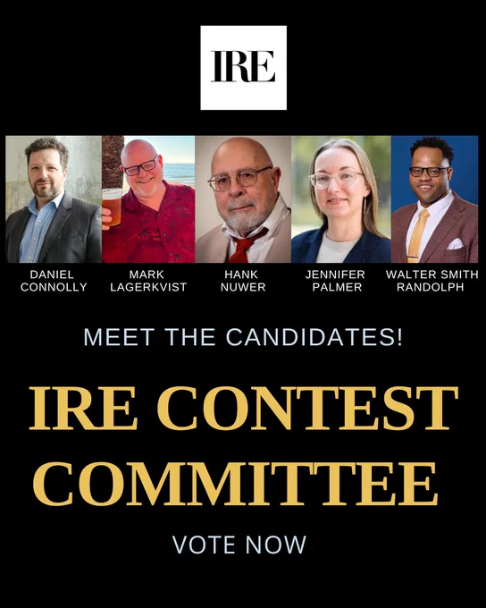 The image is a promotional poster for the "IRE Contest Committee." It features headshots of five candidates: Daniel Connolly, Mark Lagerkvist, Hank Nuwer, Jennifer Palmer, and Walter Smith Randolph. The text includes "Meet the Candidates!" and "Vote Now." The IRE logo is displayed at the top.