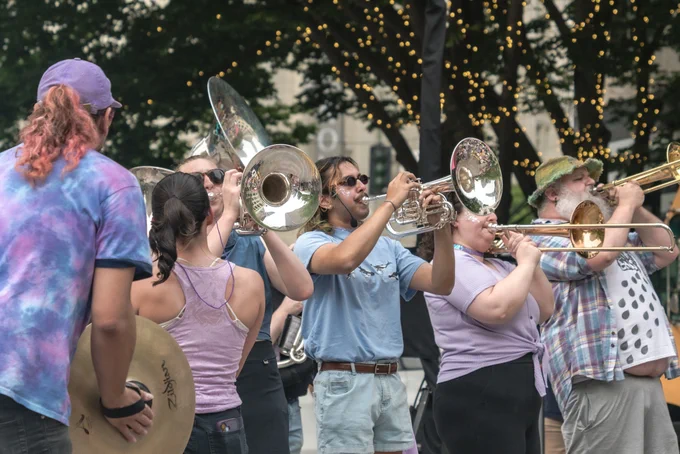 The brass band plays at Westlake Park ribbon cutting