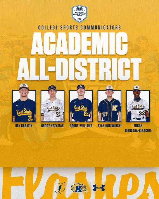 Kent State Golden Flashes graphic on a gold background announcing the College Sports Communicators (CSC) Academic All-District team. Five baseball player headshots are displayed in a row, each in a Kent State uniform: Ben Rabatin (No. 30), Brody Krzysiak (No. 23), Brody Williams (No. 22), Evan Holewinski (No. 37), and Micah Rienstra-Kiracofe (No. 32). The CSC Academic All-District Team shield logo sits at the top, with the State of Ohio, Kent State athletics, and Under Armour logos along the bottom.