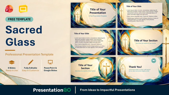 Sacred Glass PowerPoint and Google Slides template with stained glass cross design, cream layouts, and gold accents.