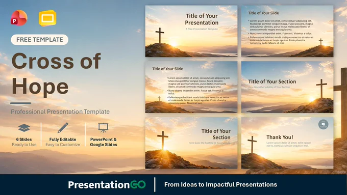 Cross of Hope presentation template for PowerPoint and Google Slides with cross sunrise imagery and warm editable layouts.