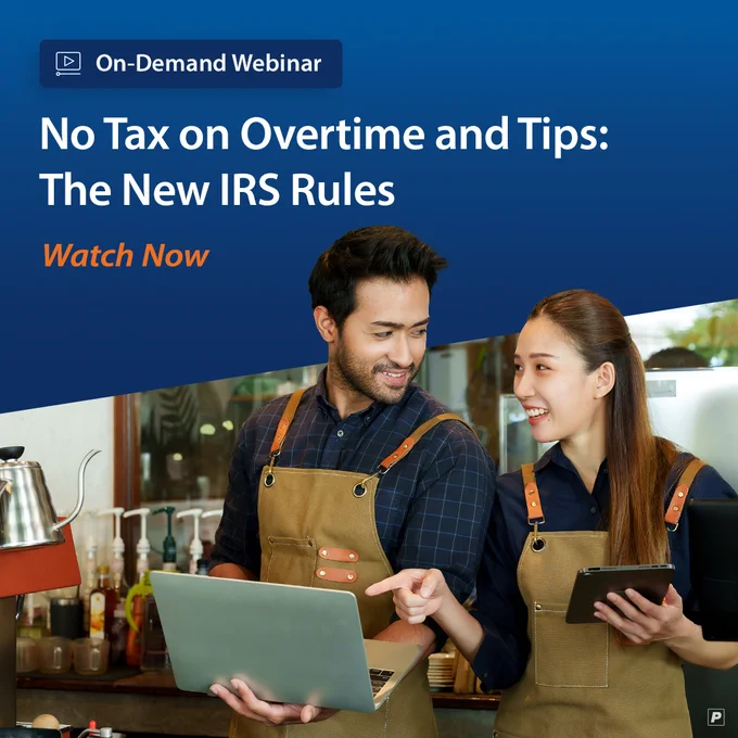 Two individuals in aprons, one holding a laptop, smiling and discussing in a café setting, with a promotional banner for an on-demand webinar titled 'The New IRS Rules and Tips: Watch Now'.