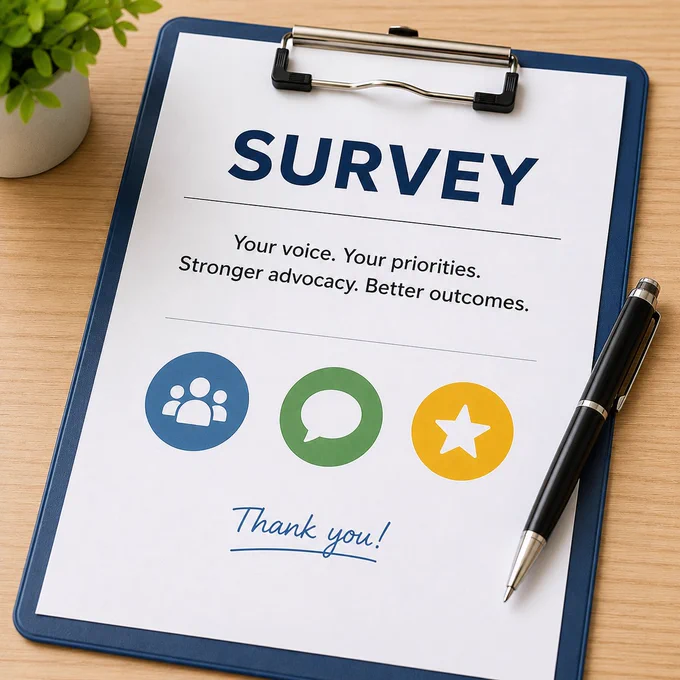 Clipboard with a survey form reading 'Your voice. Your priorities. Stronger advocacy. Better outcomes.' alongside a pen on a wooden table.