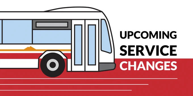 Illustration of a city bus next to bold text announcing upcoming service changes.