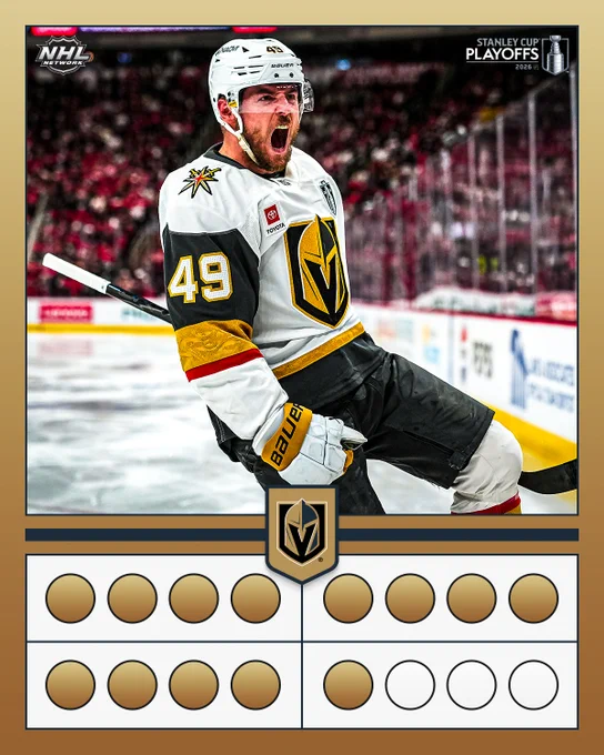 Top: A photo of Ivan Barbashev in a Vegas Golden Knights uniform on ice celebrating. The NHL Network logo is in the upper-left corner. The 2026 Stanley Cup Playoffs logo is in the upper-right corner.\n\nBottom: The Vegas Golden Knights logo. Below that are 16 circles with 13 filled in.