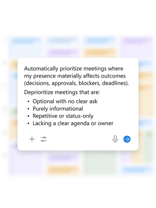 Copilot prompt prioritizing important meetings over low-value ones.