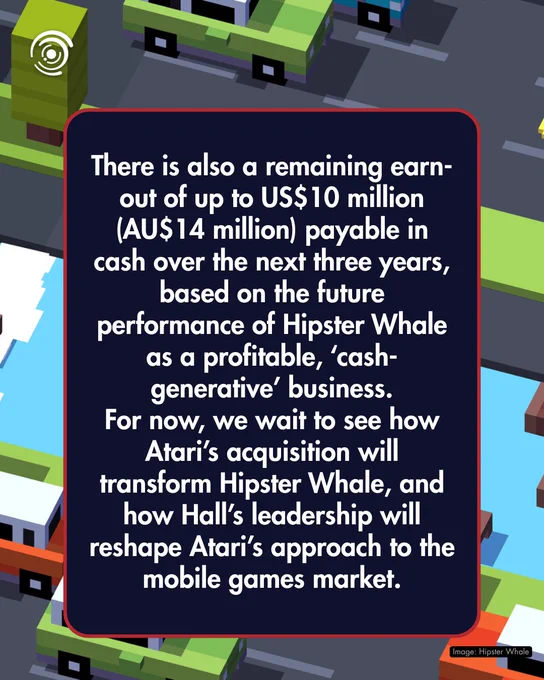 A digital depiction with text about Atari's financial dealings involving Hipster Whale. The graphic style resembles a pixelated, blocky video game environment.
