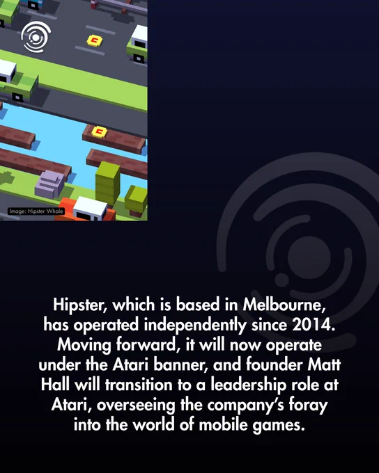 Announcement of Hipster Whale's transition under the Atari banner, with founder Matt Hall taking a leadership role. Background features a pixel art game screen.