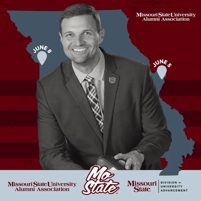 This image shows a person in a formal suit against a backdrop featuring the Missouri State University Alumni Association logo and map outlines with dates "June 5" and "June 8." The background includes the words "Missouri State University Alumni Association" and "Missouri State University Division for University Advancement.