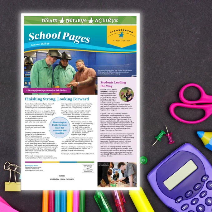 Front page of the School Pages print newsletter overlaid over a background of scattered school supplies. 