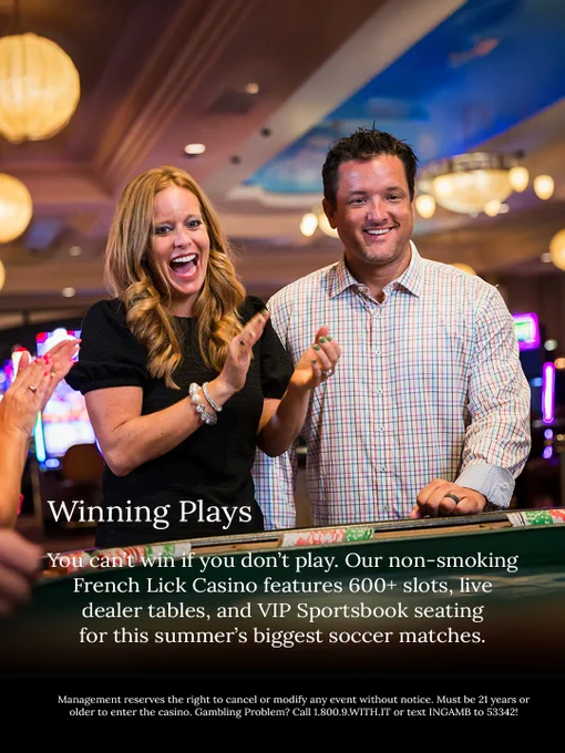 People smiling and clapping at a casino. The background includes slot machines and bright lights. Text at the bottom promotes French Lick Casino with details about games and amenities.
