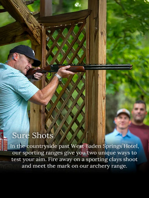 A person aims a shotgun at a sporting range, standing under a wooden lattice structure. Two others observe in the background. The text mentions sporting ranges near West Baden Springs Hotel for sporting clay shooting and archery.