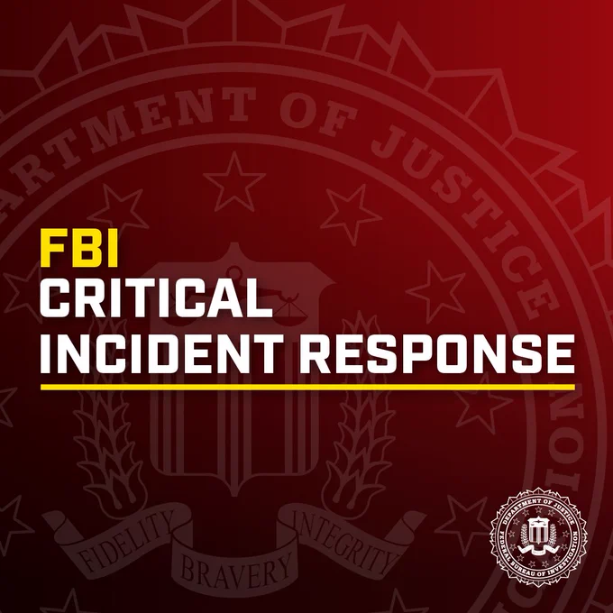 FBI Critical Incident Response text over a dark red Department of Justice seal background with FBI emblem in the corner.