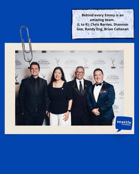 From left to right the Seattle Channel team poses for a photo Chris Barnes, Shannon Gee, Randy Eng, Brian Callanan.