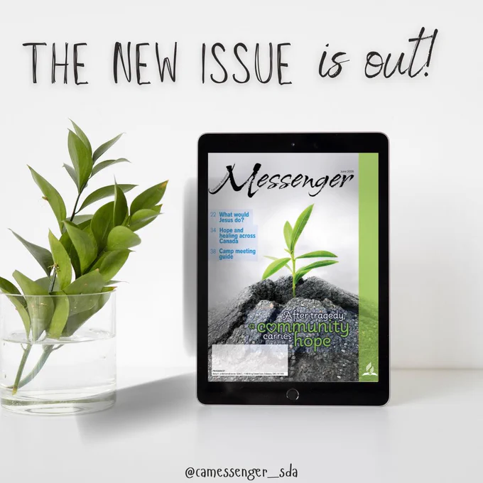 A digital magazine displayed on a tablet, accompanied by a plant. The mood is fresh and hopeful, emphasizing new beginnings and community themes.
