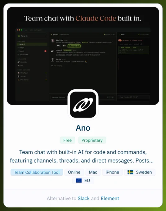 A dark interface shows a team chat application named "Ano," featuring channels, member interactions, and built-in AI support for coding.