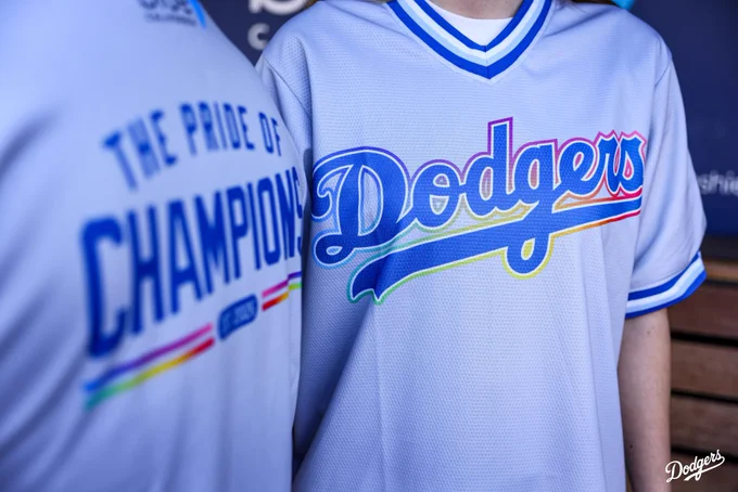 A photo of the rainbow Dodgers Pride jerseys.