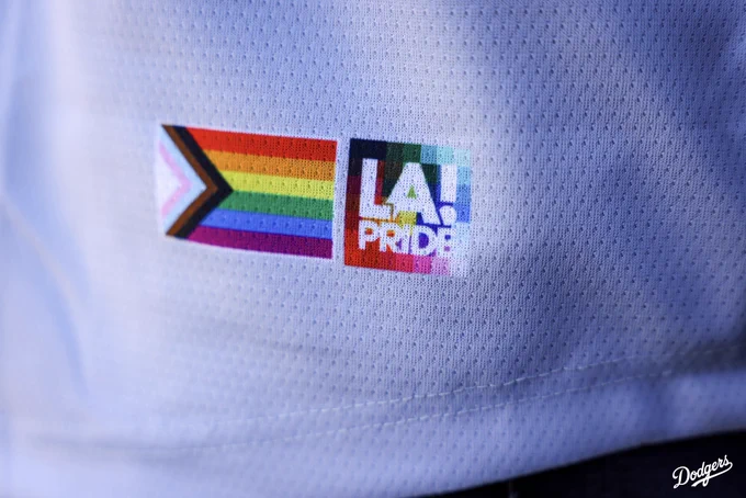 A photo of the LA Pride logo on the Dodgers Pride jersey.