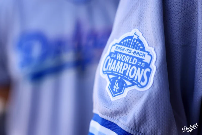 A photo of the Back-to-Back World Champions logo on the Dodgers Pride jerseys.