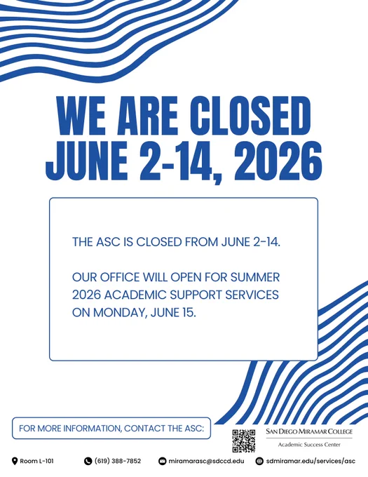 on a plain white background, there is clipart of decorative parallel wavy blue lines in the upper-left and bottom-right corner. Centered about one-third of the way down the image is a large headline in blue text. Underneath the headline is a rectangle with rounded corners; it is white with a thin blue outline. The rectangle contains smaller blue text. The bottom edge of the image is white and contains the contact information along the bottom. The ASC's logo and a black and white QR code linked to the ASC's webpage is in the bottom-right corner.