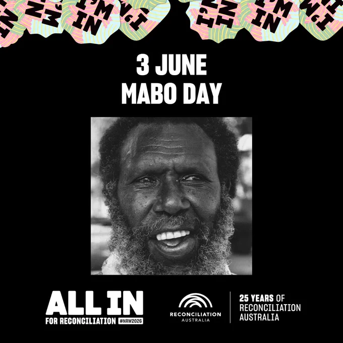 The image features Eddie Koiki Mabo smiling. Text above reads "3 June Mabo Day." Below, the text states "All In for Reconciliation," alongside "Reconciliation Australia" and "25 Years of Reconciliation Australia" logos.