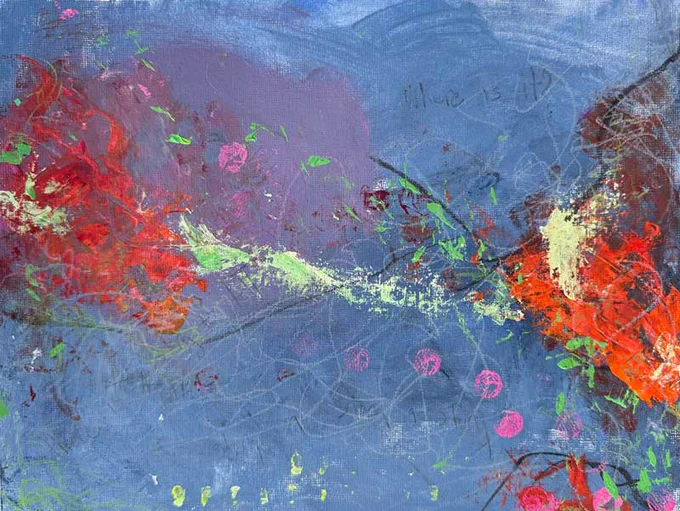 Abstract painting featuring vibrant red and pink brush strokes against a blue background. Green and yellow accents create dynamic movement across the canvas. Subtle scribbles and textures are present, adding depth and complexity.  