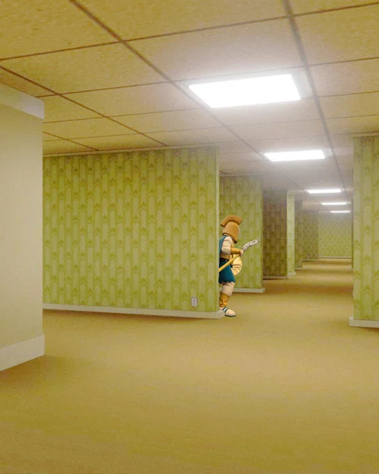 Shoddily photoshopped Titus exploring the Backrooms, rife with yellow wallpaper, fluorescent lighting, and endless hallways.
