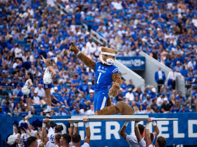 The image shows the University of Kentucky mascot, a wildcat, standing on a platform, held up by cheerleaders during a game. In the background, a crowd filled with fans dressed in blue is visible.